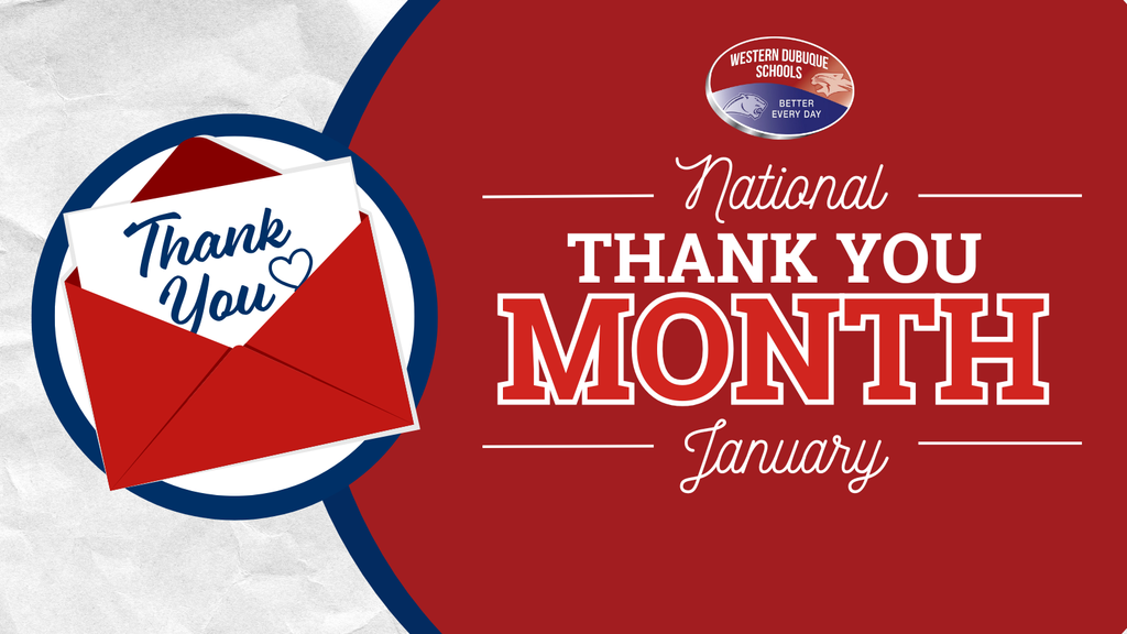 A red envelope with a card reading "Thank You" is featured on the left, with bold text on the right that says "National Thank You Month – January." The Western Dubuque Schools logo appears at the top.