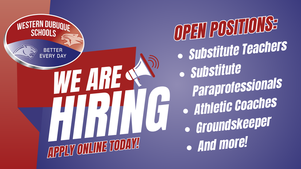 Western Dubuque Schools hiring now for substitute teachers, paraprofessionals, coaches, groundskeepers, and more. Apply online today.