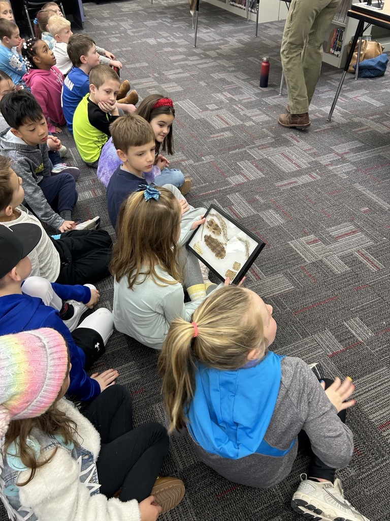 A group of children sit on the floor observing a display case with snake skin and animal fur during an interactive presentation.