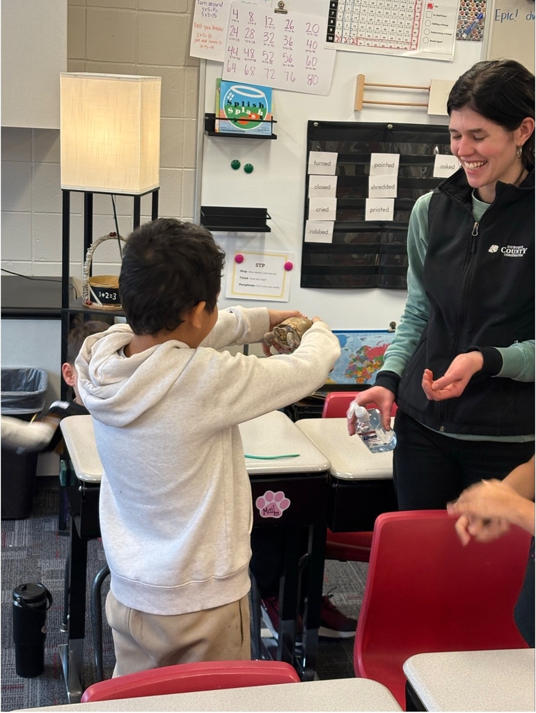 A smiling student holds a turtle while a presenter watches and holds hand sanitizer.