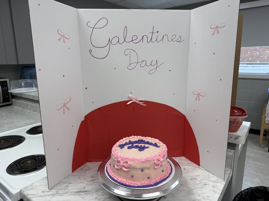 Side view of a pink cake with purple writing and bows for Galentines Day, displayed with a matching backdrop.