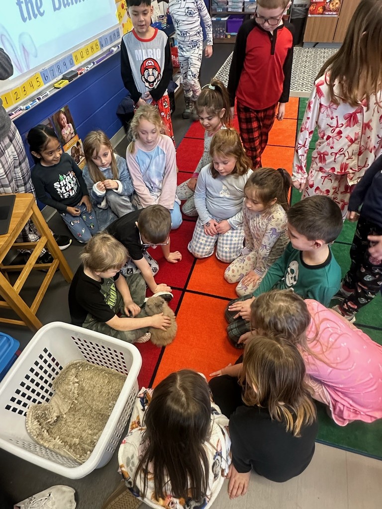 Young students in pajamas sit in a circle on a colorful classroom rug, gently petting a small rabbit.