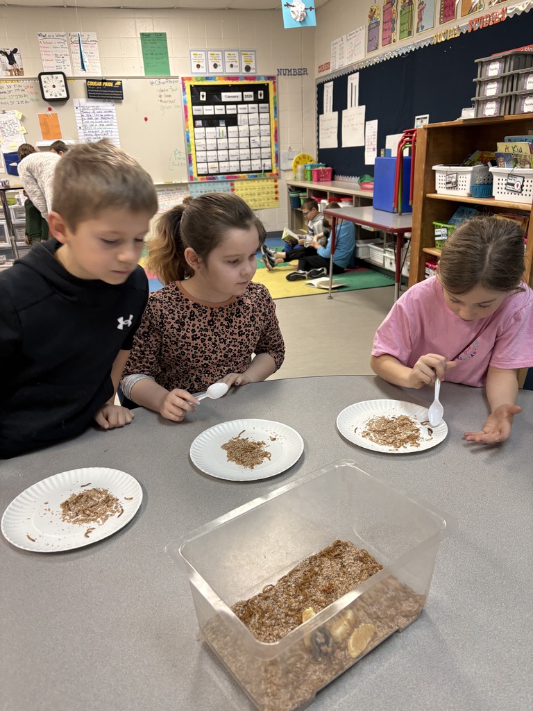 Three students work closely together inspecting worms and dirt on plates, with a plastic container of mealworms in the foreground.