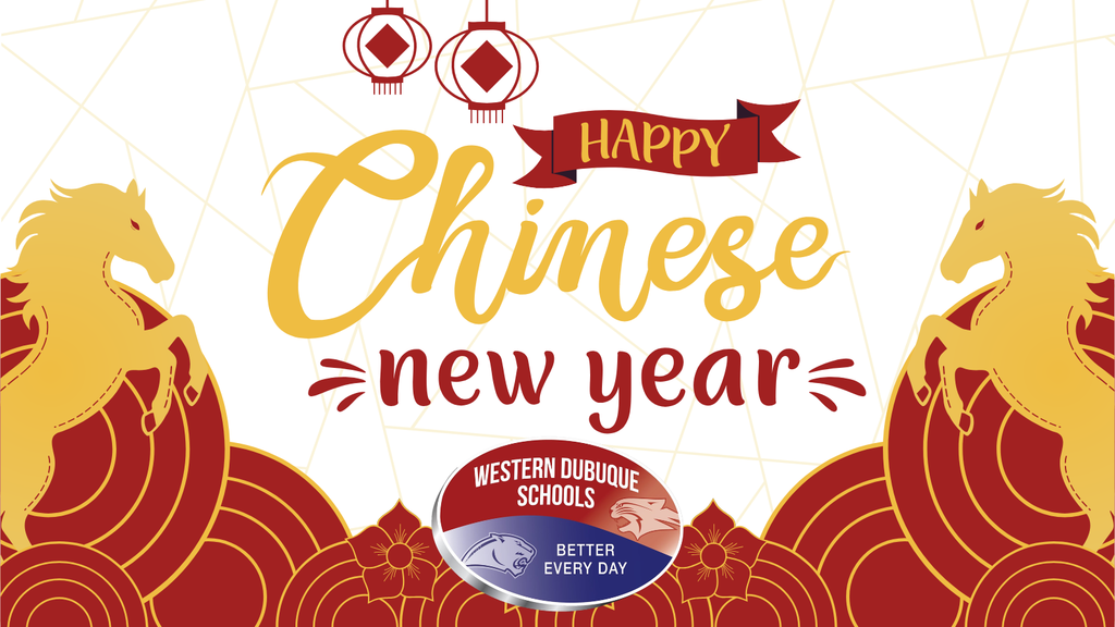 Red and gold design reads “Happy Chinese New Year,” with lanterns, stylized horses, floral accents, and the WDCSD logo at bottom.