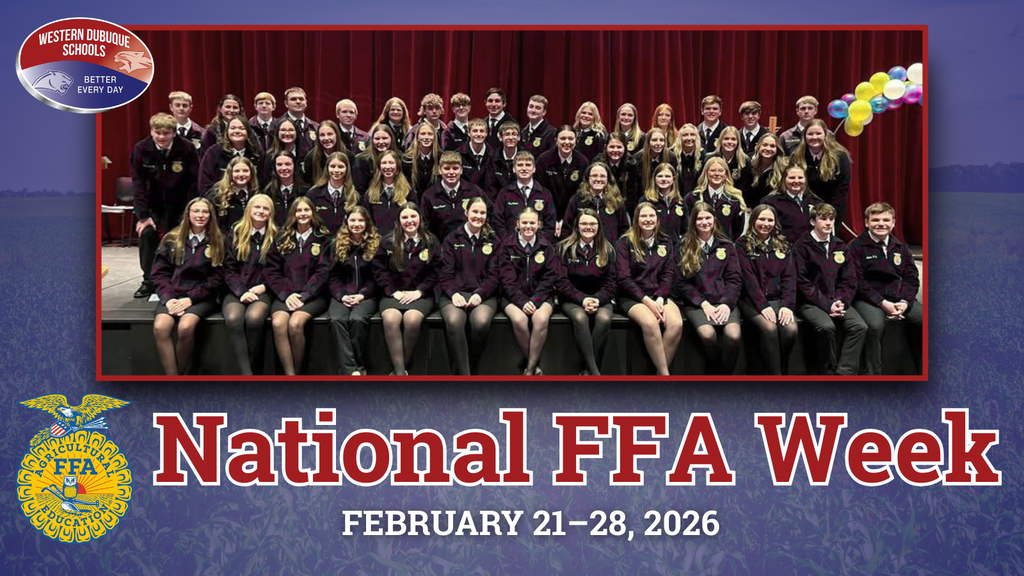 Group of FFA students in official jackets pose on stage with red curtain backdrop, with text reading “National FFA Week, February 21–28, 2026” and FFA emblem displayed.
