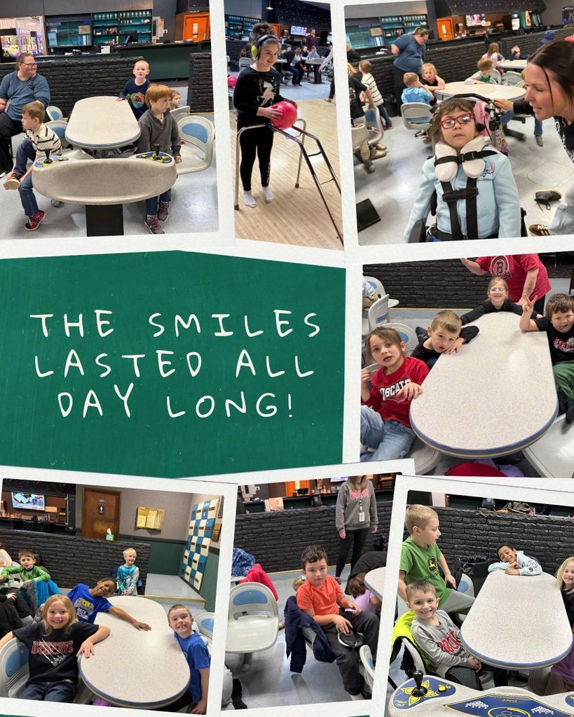 Collage of students bowling, posing at tables, and giving thumbs up with text reading “The Smiles Lasted All Day Long!”