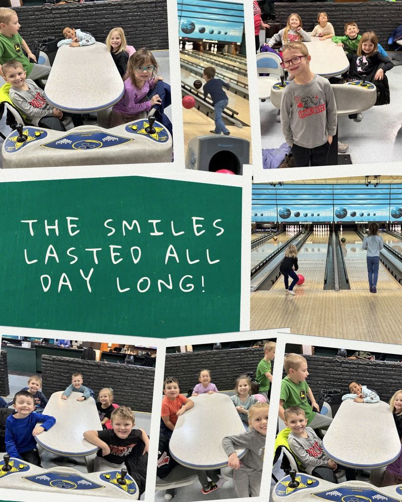 Collage of students bowling, posing at tables, and giving thumbs up with text reading “The Smiles Lasted All Day Long!”
