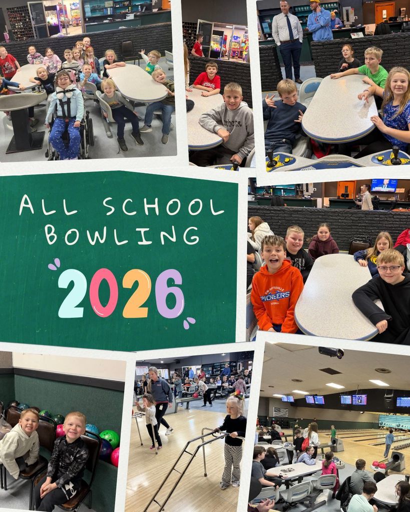 Collage titled “All School Bowling 2026” showing students bowling, sitting together, and enjoying activities at a bowling alley.