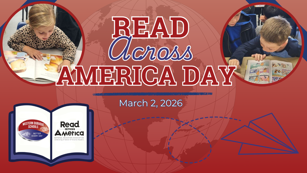 Red and blue design reading “Read Across America Day – March 2, 2026,” with photos of students reading and school logos.
