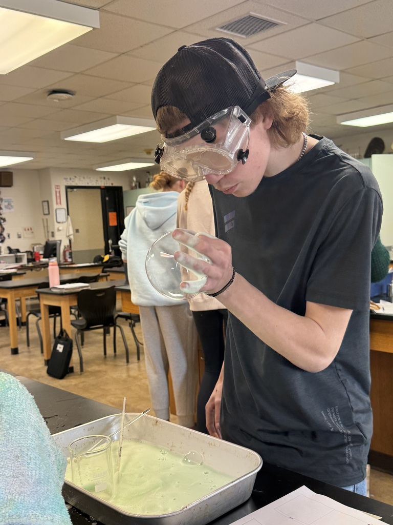 Student in safety goggles examines a beaker while a foamy reaction settles in a tray on the lab table.