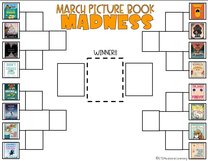 “March Picture Book Madness” bracket poster with book covers arranged in a tournament layout and a blank space labeled “Winner!!” in the center.