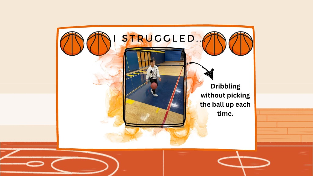 “I Struggled…” with text noting difficulty dribbling without picking up the ball, alongside a photo of a student practicing in a gym.