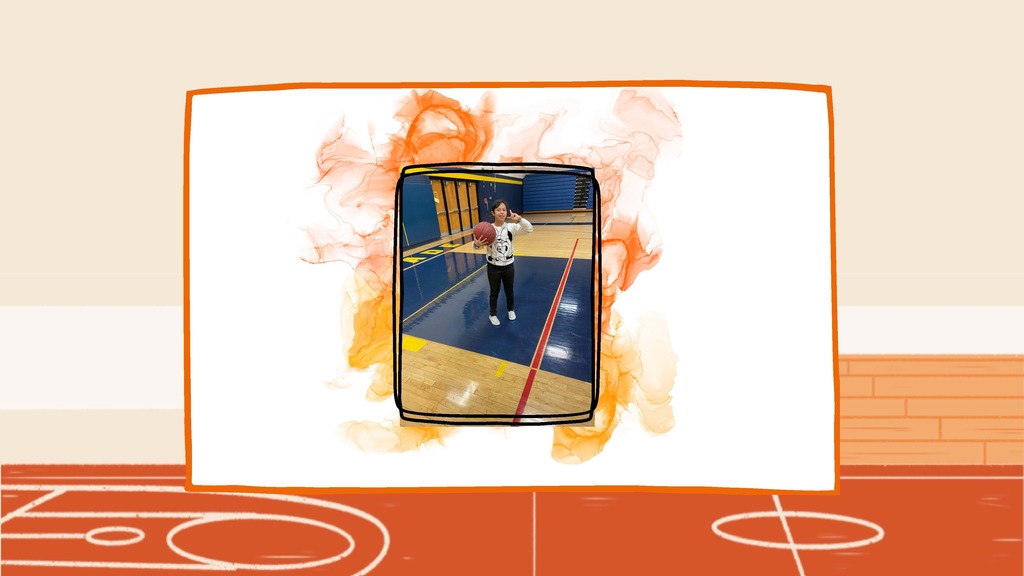 student holding a basketball in a gym, framed by orange design elements on a basketball-themed background.