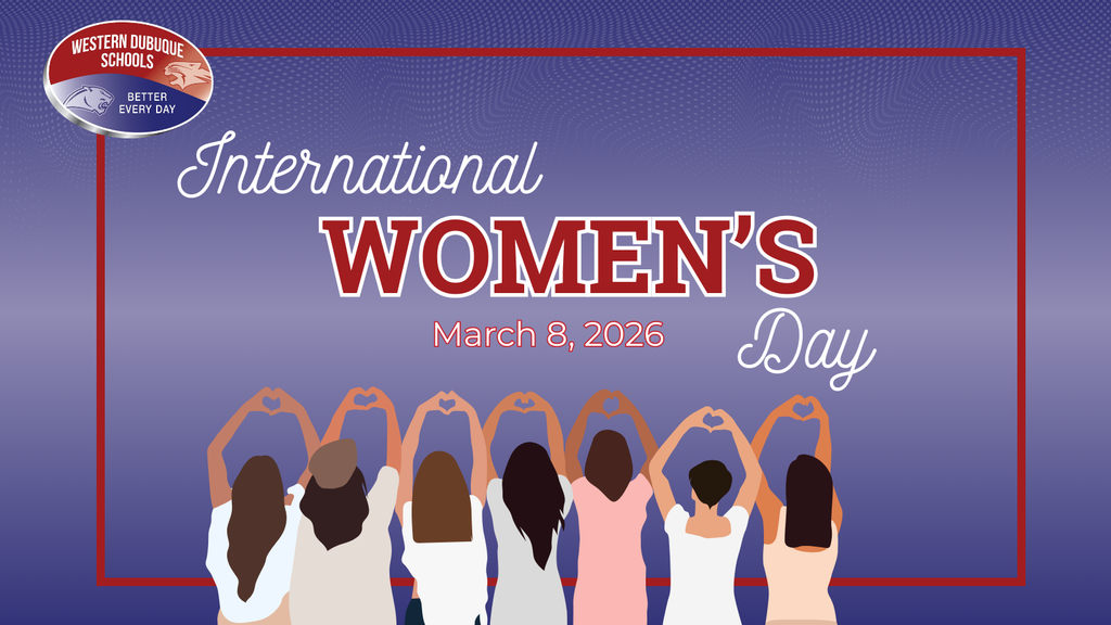 International Women’s Day poster with purple background, school logo, and “March 8, 2026” above illustrated women forming heart shapes overhead.