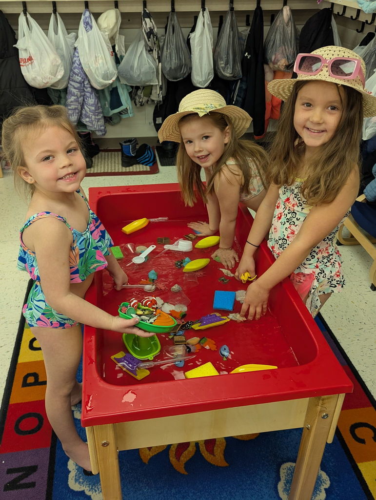 Three young students wearing summer hats and swimwear play with water and toy sea animals at a sensory table.