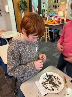 A student examines soil and small materials on a plate while working on a hands-on science activity at a classroom desk.