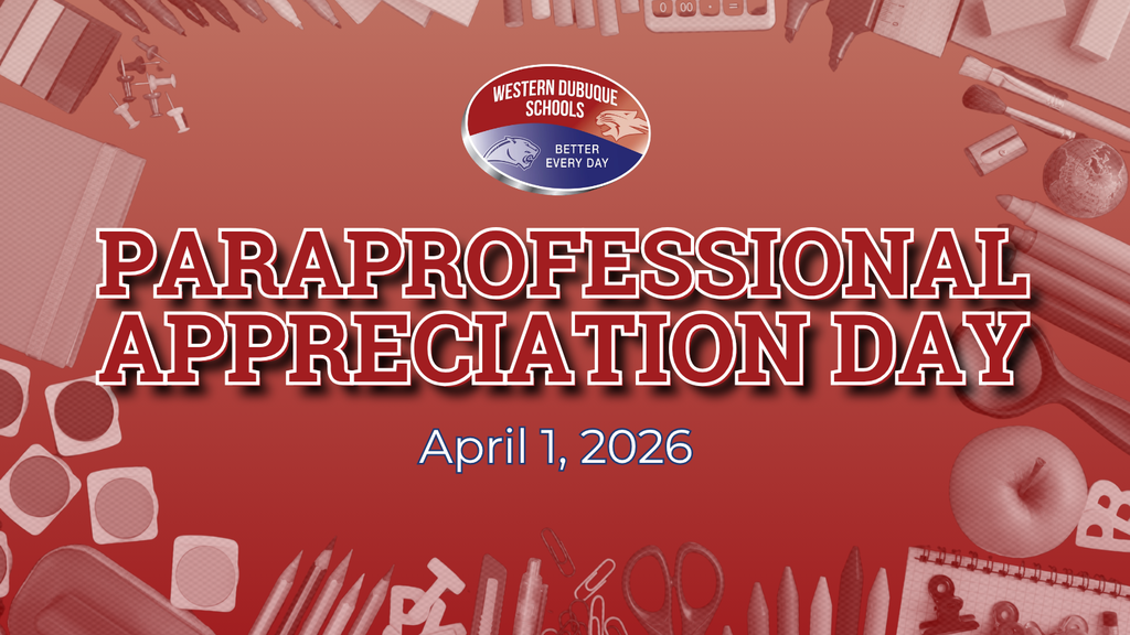 Paraprofessional Appreciation Day on April 1, 2026, with school logo and background of classroom supplies.