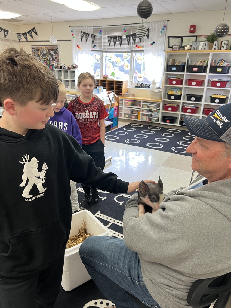 Student pets a small pig held by an adult while classmates watch with interest in the classroom.