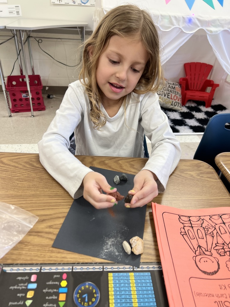 Student examines and compares small rocks on a desk, holding two pieces while working on a classroom activity.