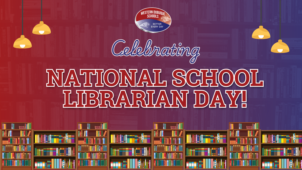 Celebratory graphic reads “National School Librarian Day” with school logo above, bookshelves below, and warm hanging lights.