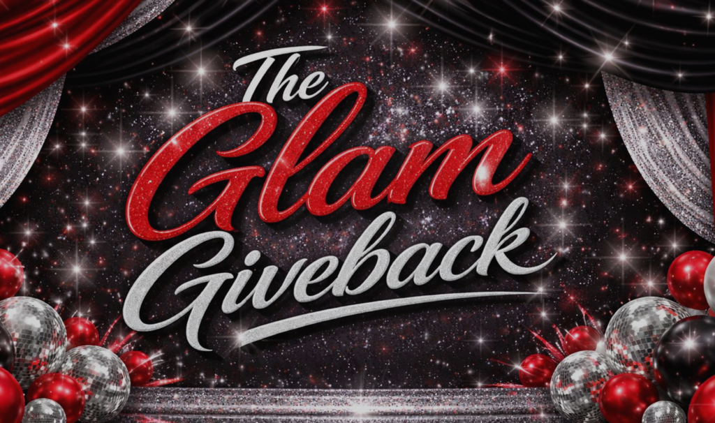 Curtains with glitter and balloons with text "The Glam Giveback"