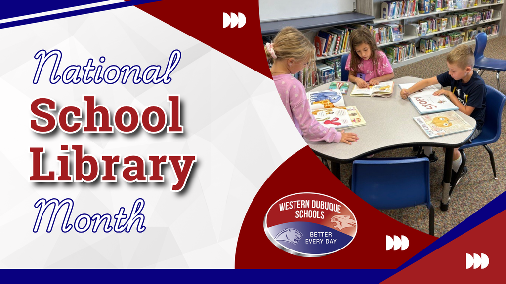 Text reads “National School Library Month” beside three children sitting at a table reading books in a school library, with shelves in the background.