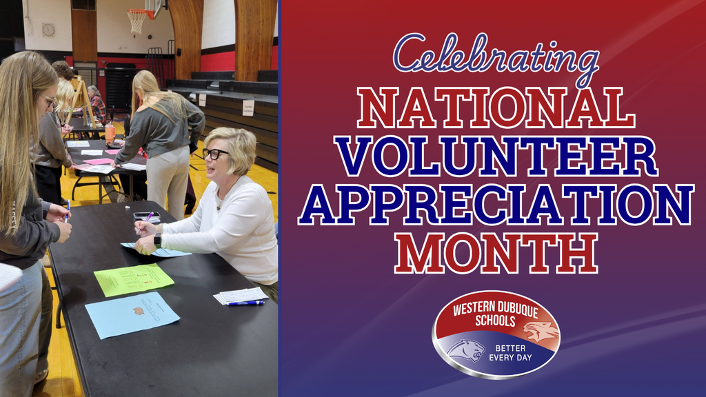 Text reads “Celebrating National Volunteer Appreciation Month” alongside people signing papers at a table in a school gym.