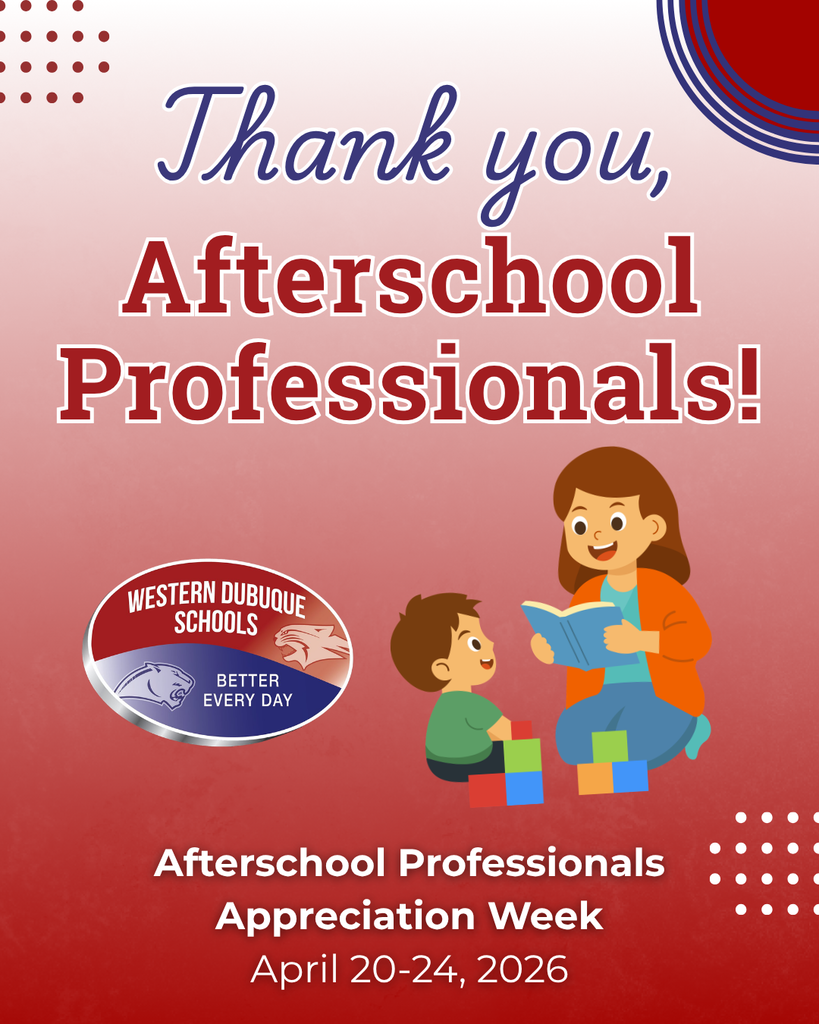 Thank you message for Afterschool Professionals Appreciation Week, April 20–24, 2026, with illustration of adult reading to child and school logo.