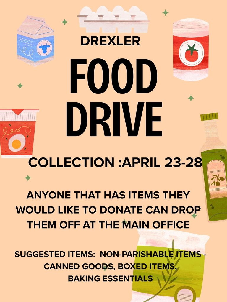 Donations being accepted for Food Drive at Drexler!