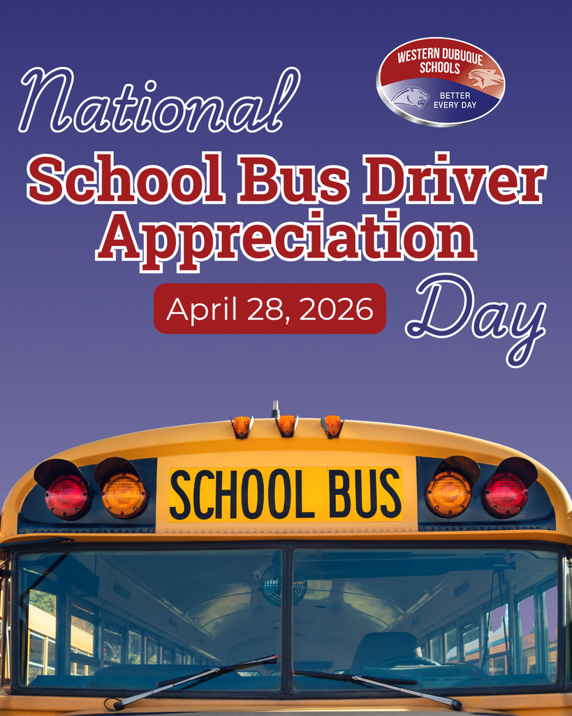 “National School Bus Driver Appreciation Day, April 28, 2026” poster with school logo and front view of a yellow school bus.