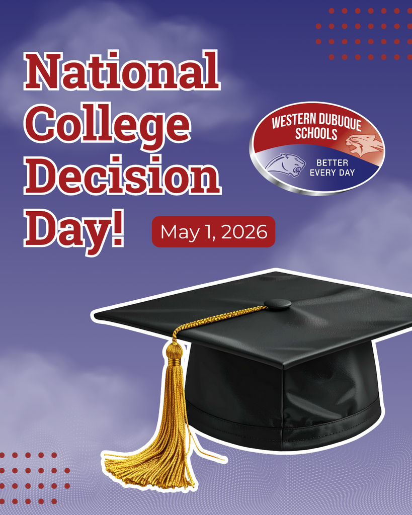 “National College Decision Day! May 1, 2026” with a graduation cap and tassel on a purple background and school logo.