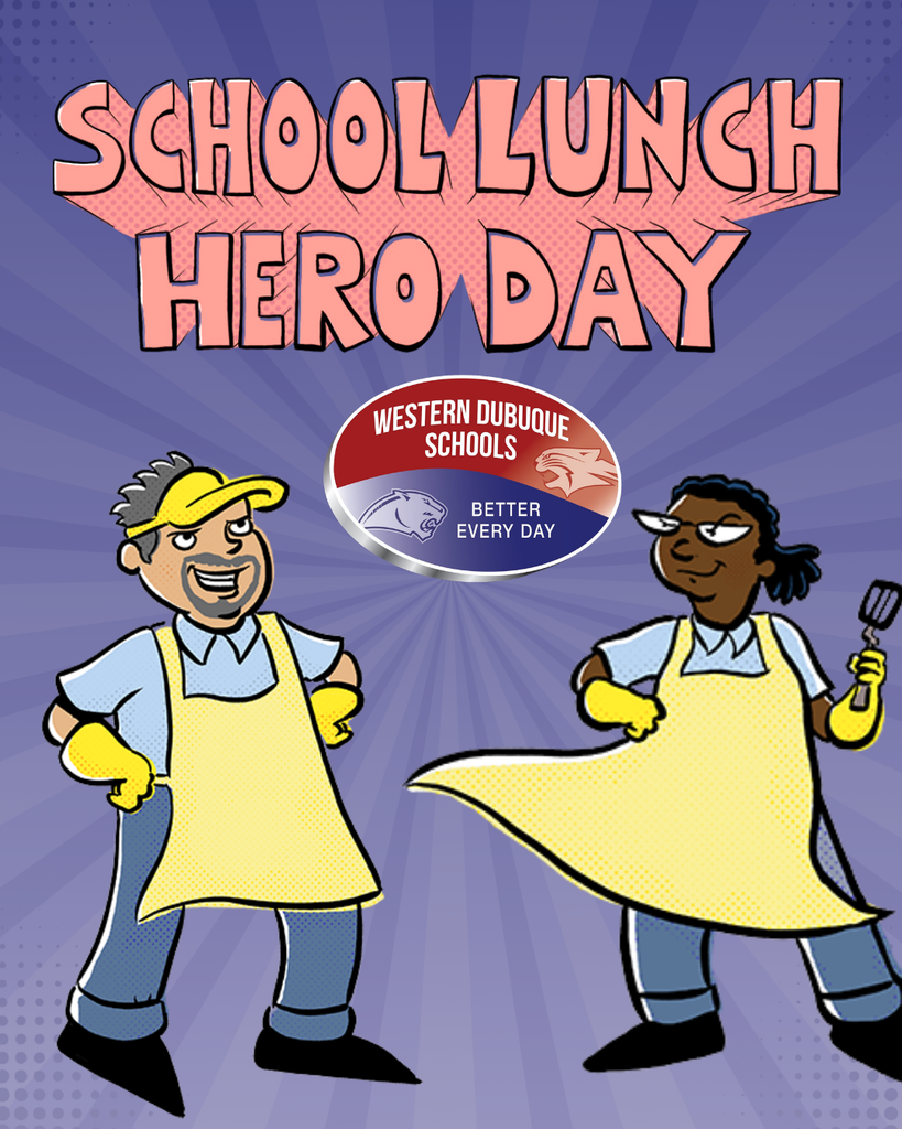 “School Lunch Hero Day” text with school logo and cartoon cafeteria workers in aprons holding utensils on a purple background.