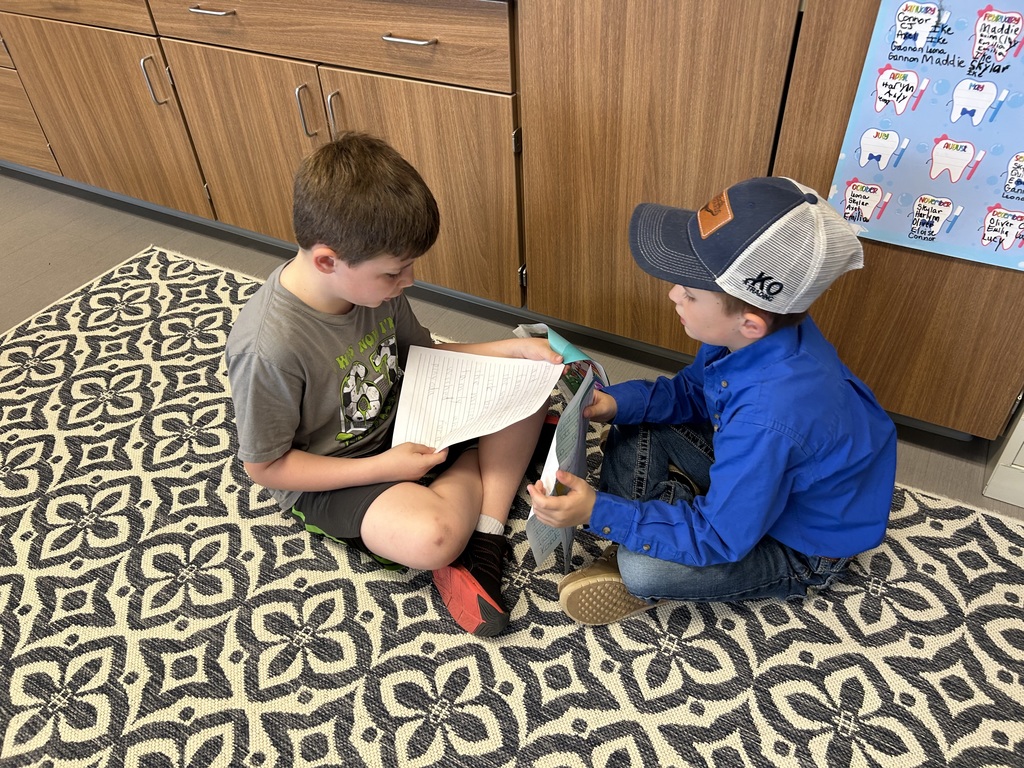 Two boys sit on a patterned rug, reading and discussing their writing together during a partner activity.