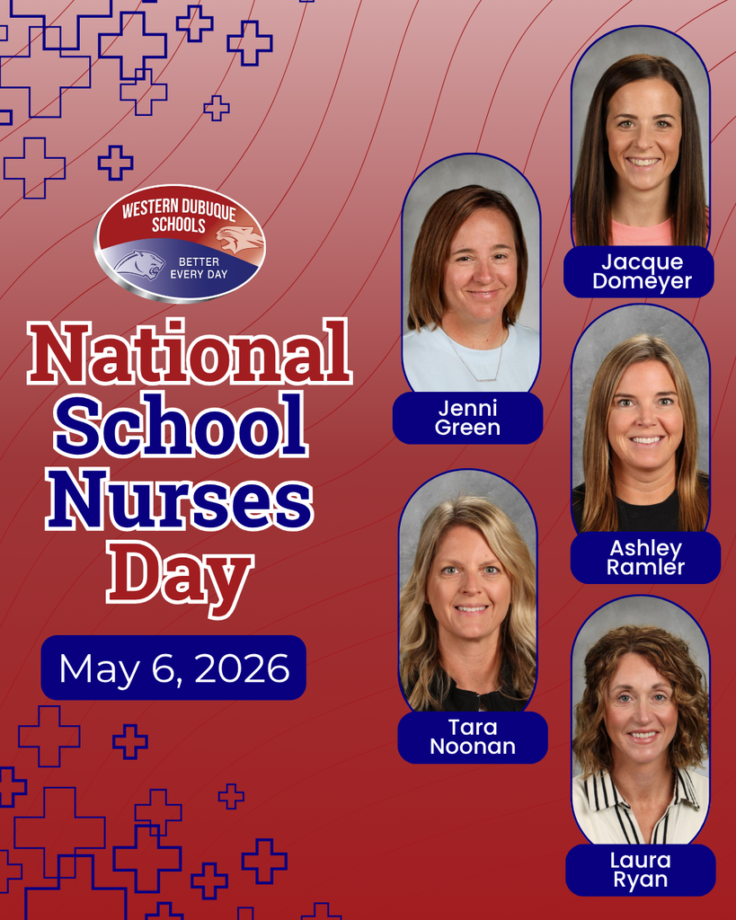 National School Nurses Day, May 6, 2026, featuring five staff portraits labeled Jacque Domeyer, Jenni Green, Ashley Ramler, Tara Noonan, and Laura Ryan.
