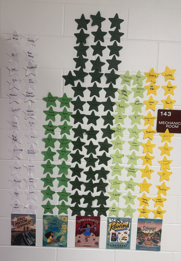 Wall display of green and yellow paper stars labeled with student names, arranged in a graph above several featured book covers.