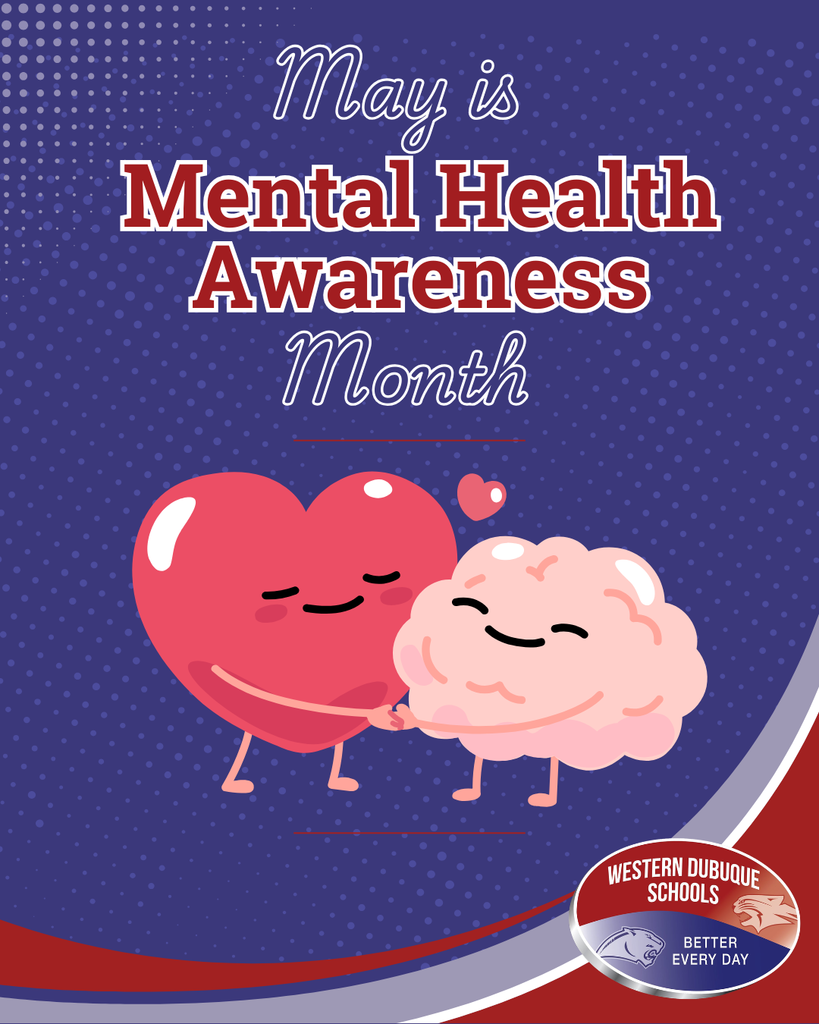 “May is Mental Health Awareness Month” with a smiling heart hugging a brain on a blue dotted background.