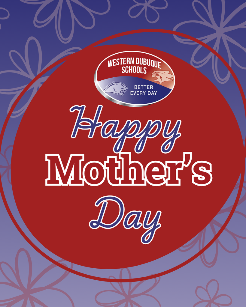 “Happy Mother’s Day” with a school logo above, set on a red circle over a purple floral background.
