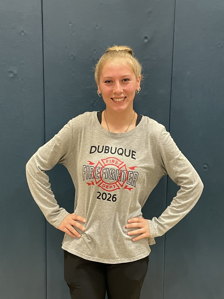 Girl wearing a Dubuque firefighter shirt.