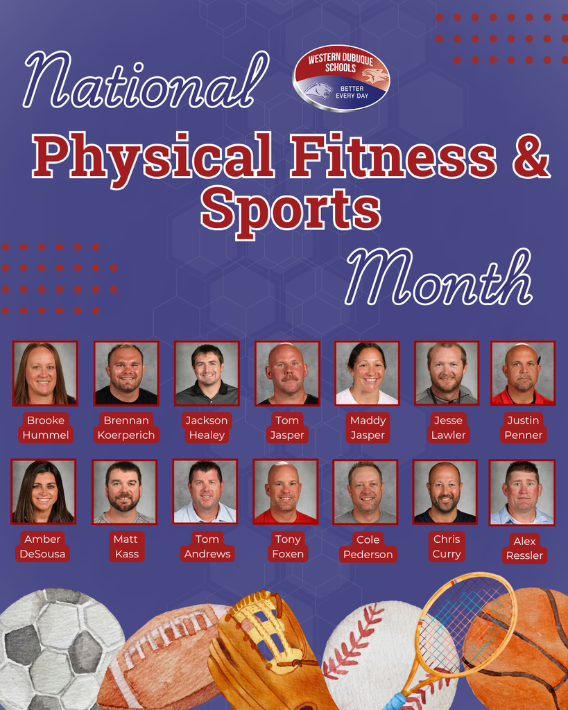 National Physical Fitness and Sports Month honoring Western Dubuque Schools staff and coaches with sports-themed illustrations.