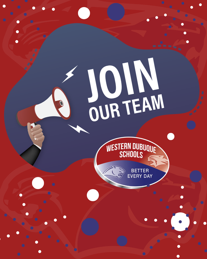 Red and blue hiring design with a megaphone illustration and text inviting people to join the Western Dubuque Schools team.