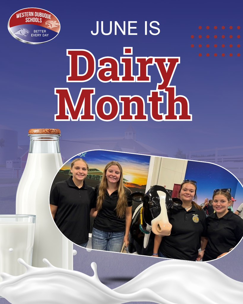 June Dairy Month celebration featuring a milk bottle, milk splash, and photo of four FFA students posing with a dairy cow exhibit.