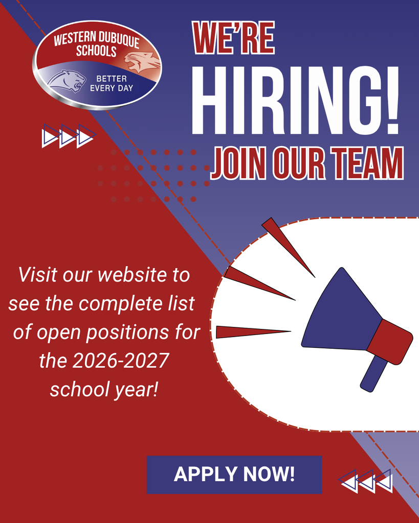 Hiring announcement from Western Dubuque Schools inviting applicants to join the team for the 2026–2027 school year, with a megaphone illustration and “Apply Now” call to action.