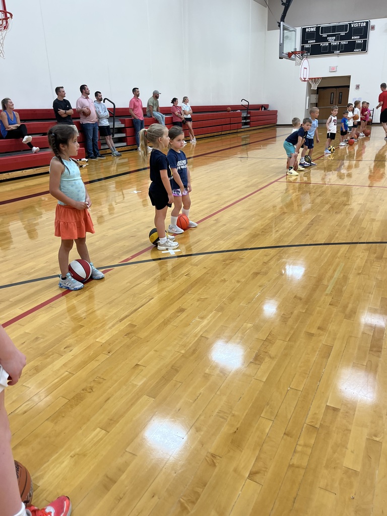Children line up in a gym with basketballs while parents watch from the bleachers during a youth basketball skills camp.