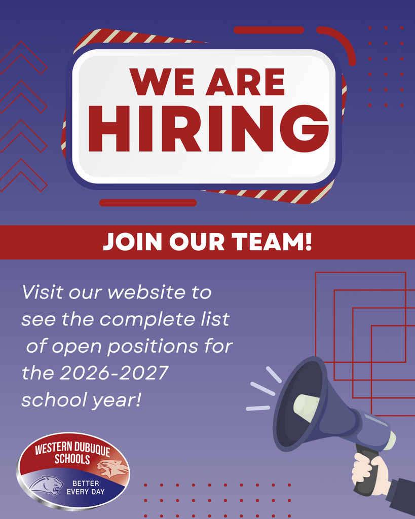 Hiring flyer inviting applicants to view open positions for the 2026–2027 school year at Western Dubuque Schools.