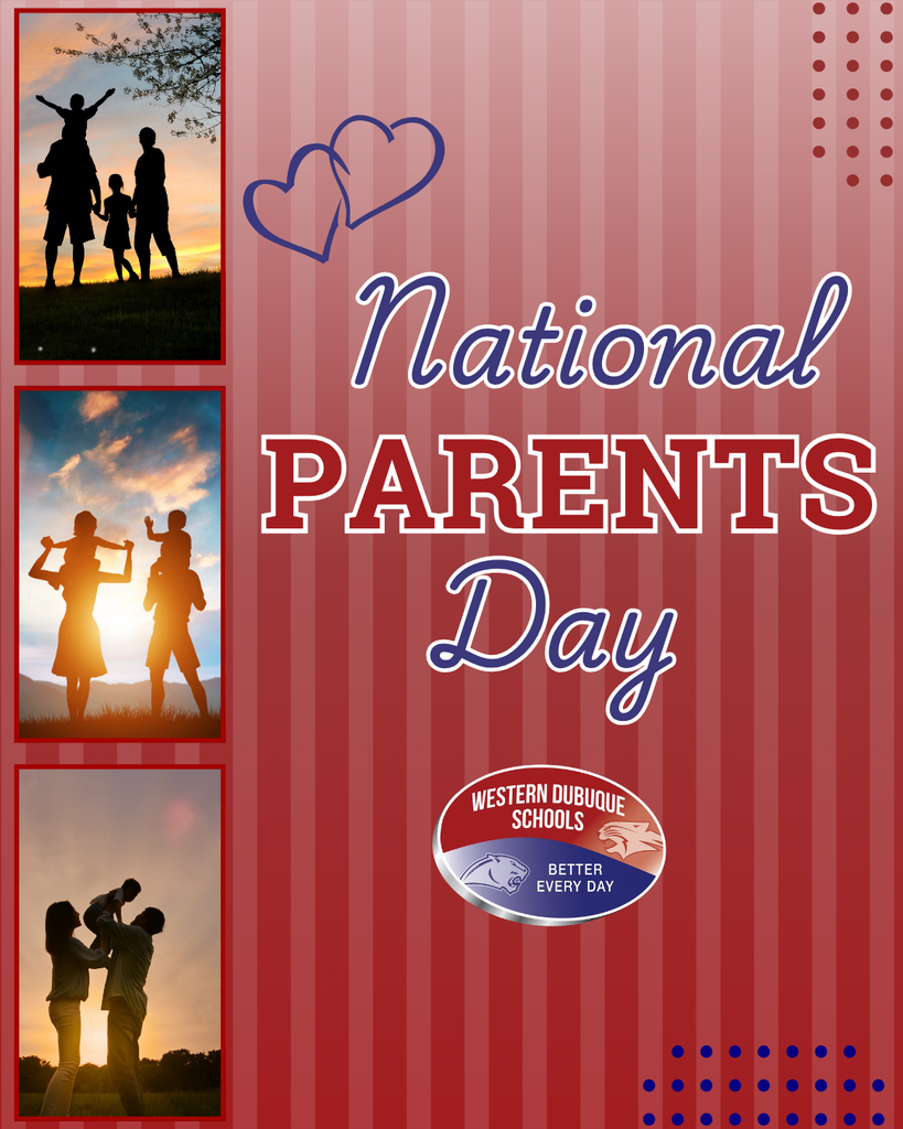 National Parents Day announcement featuring family silhouettes with children at sunset, Western Dubuque Schools logo, and a red striped background.