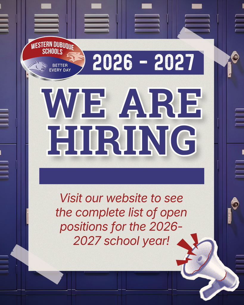 Western Dubuque Schools hiring graphic for 2026–2027 invites applicants to visit the district website for open positions.