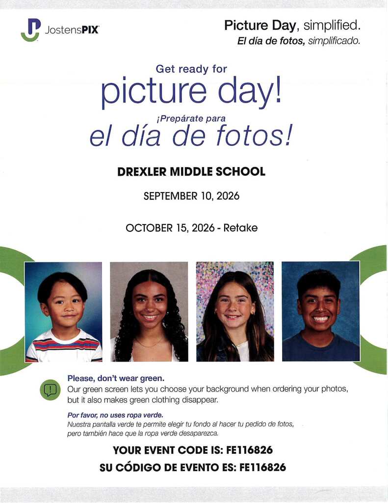 Thursday, Sept 10th is school picture day