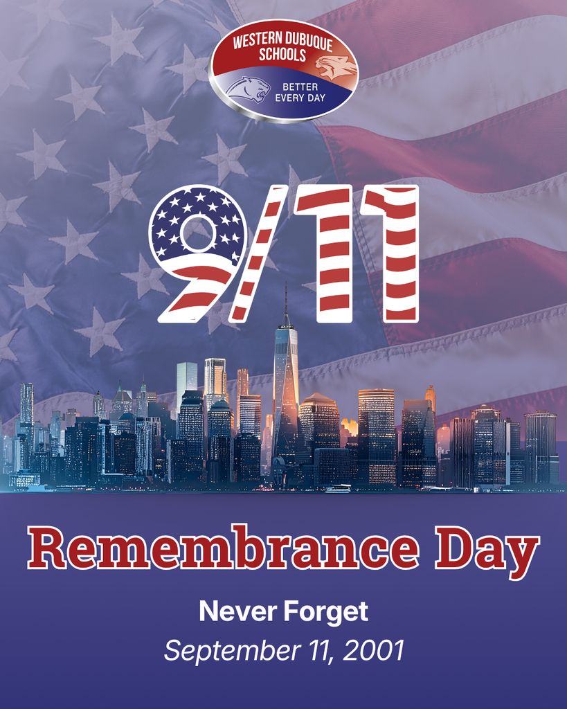 9/11 Remembrance Day tribute with an American flag, New York City skyline, and text: “Never Forget, September 11, 2001.”
