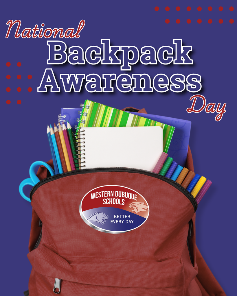 National Backpack Awareness Day featuring a red backpack filled with colorful school supplies and notebooks.