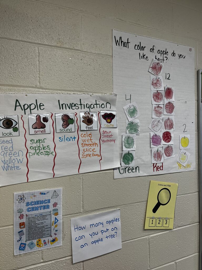 Classroom apple investigation display shows students’ observations and a graph of favorite apple colors: green, red, and yellow.